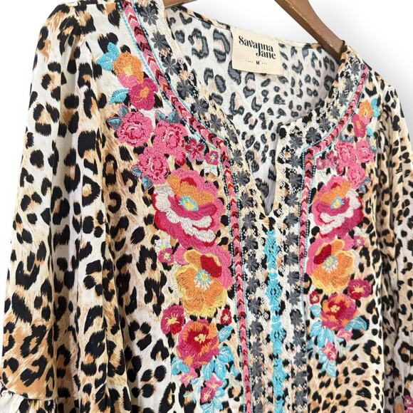 Savanna Jane Leopard Print Floral Embroidered V-Neck Bell Sleeve Tunic Size M - Picture 5 of 11